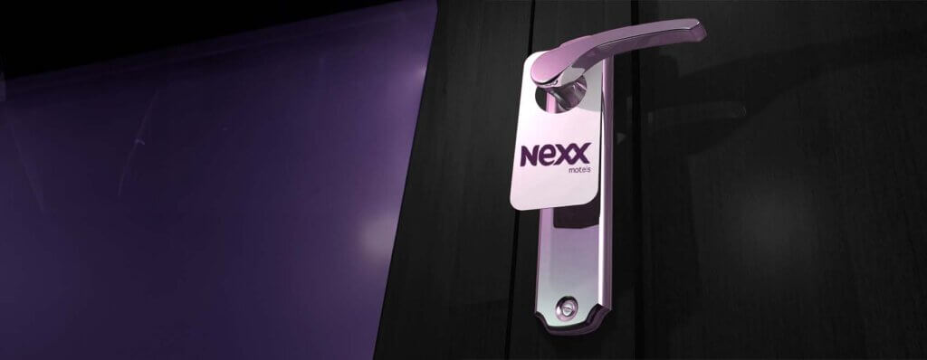 Close-up of a door handle with a hanging tag labeled ‘Nexx Motels’ against a dark background with purple lighting